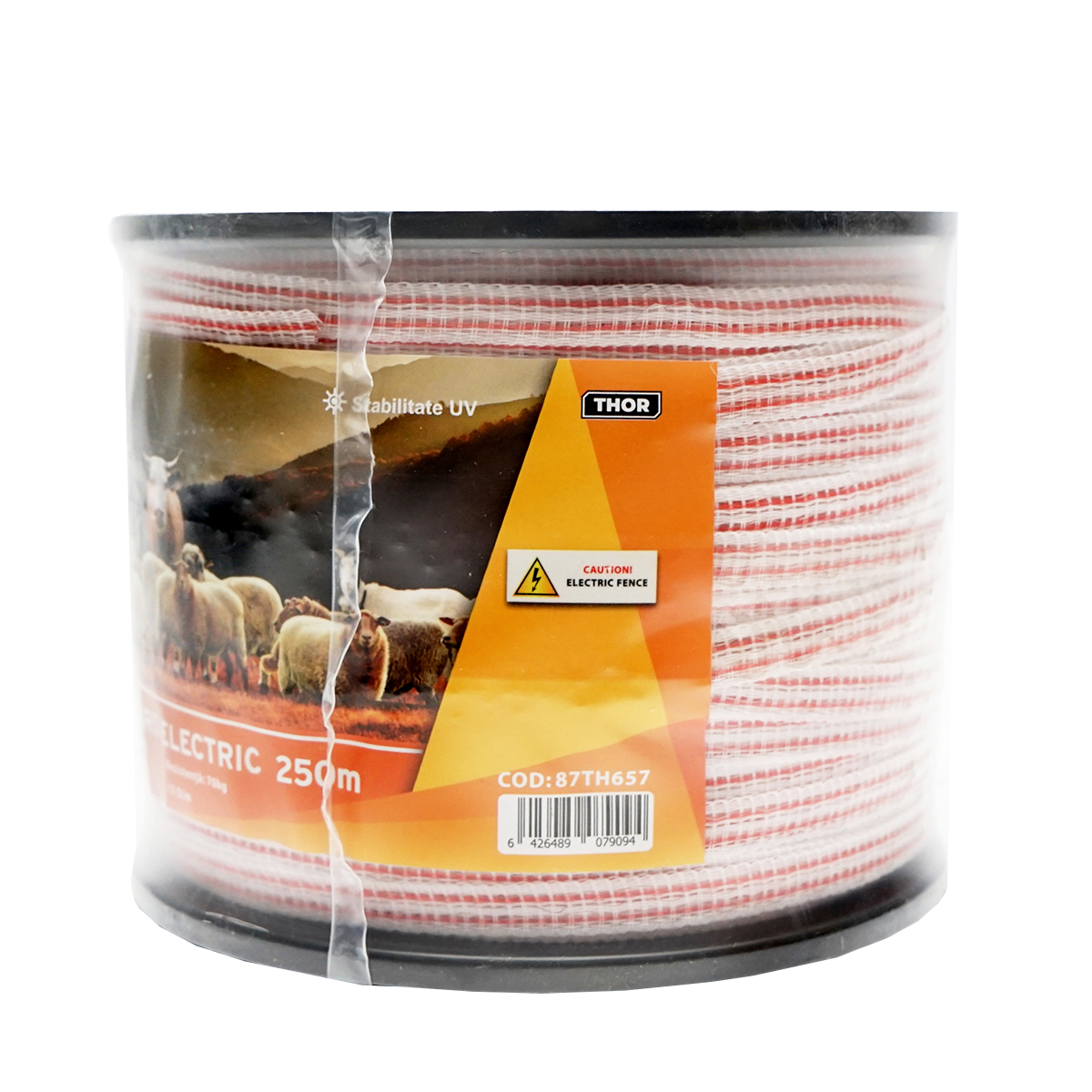 Rola banda rosu-alb 10mm insertie metalica 4x0.16mm SS, rezistenta 13 Ohm/m, 250m gard electric Thor - imagine 2