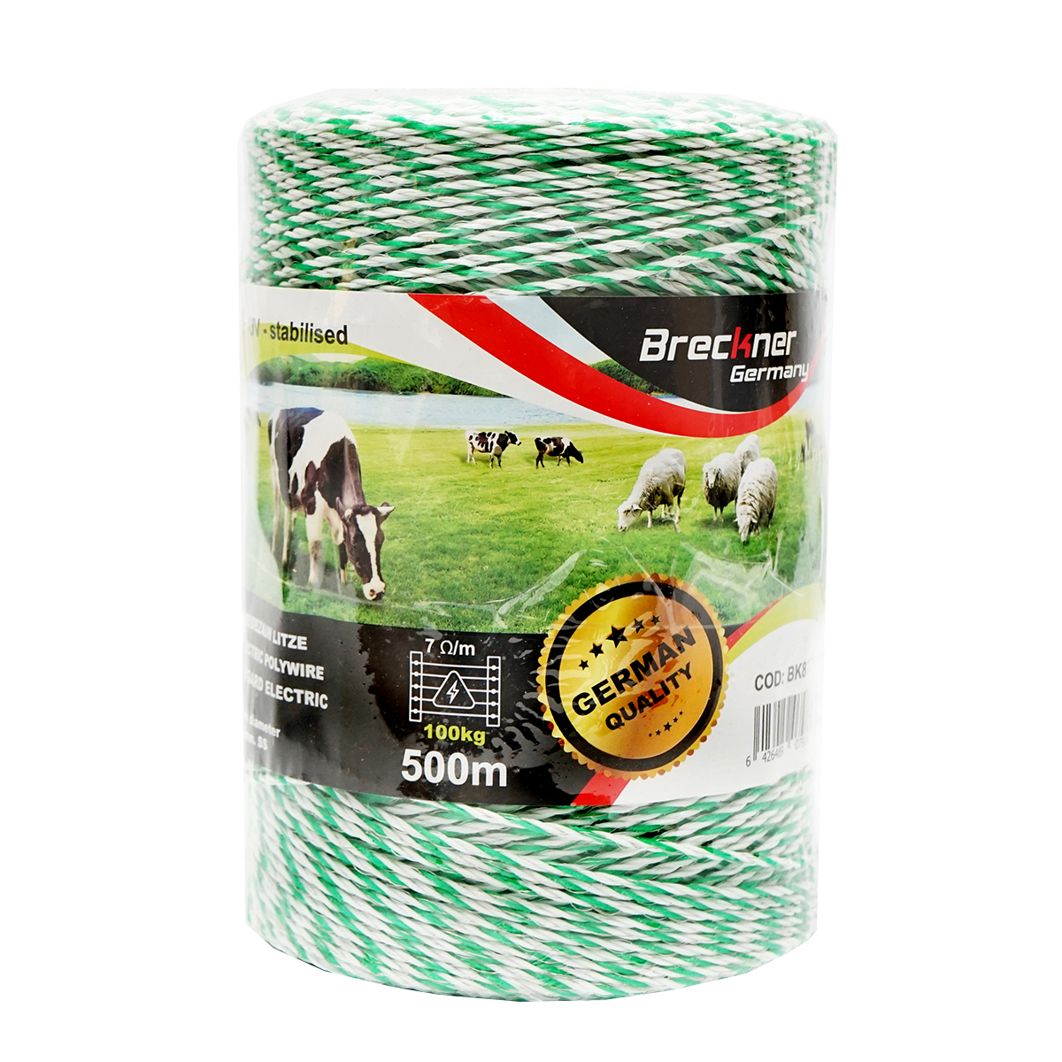 Rola fir alb-verde fi 2.5mm insertie metalica 4x0.2mm SS, rezistenta 7 Ohm/m, 500m gard electric Breckner Germany - imagine 3
