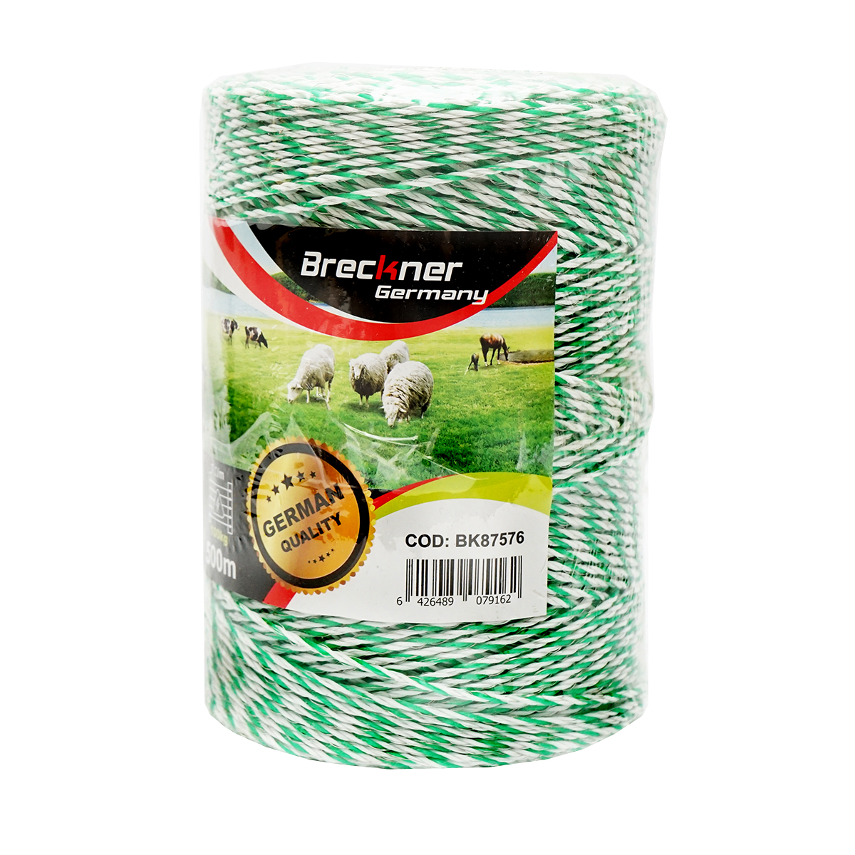 Rola fir alb-verde fi 2.5mm insertie metalica 4x0.2mm SS, rezistenta 7 Ohm/m, 500m gard electric Breckner Germany - imagine 4