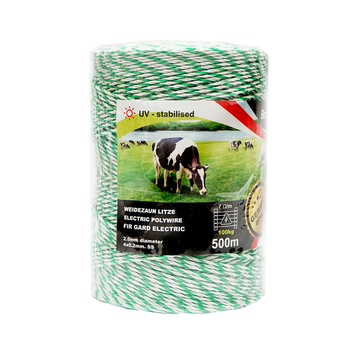 Rola fir alb-verde fi 2.5mm insertie metalica 4x0.2mm SS, rezistenta 7 Ohm/m, 500m gard electric Breckner Germany - imagine 2