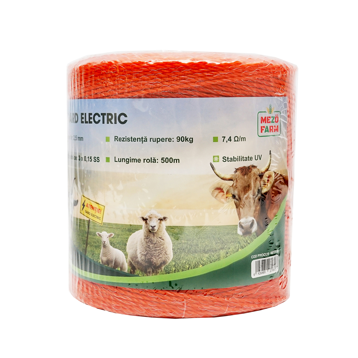 Rola fir portocaliu fi 2.5mm insertie metalica 3x0.15mm SS, rezistenta 7.4 Ohm/m, 500m gard electric Mezofarm - imagine 3