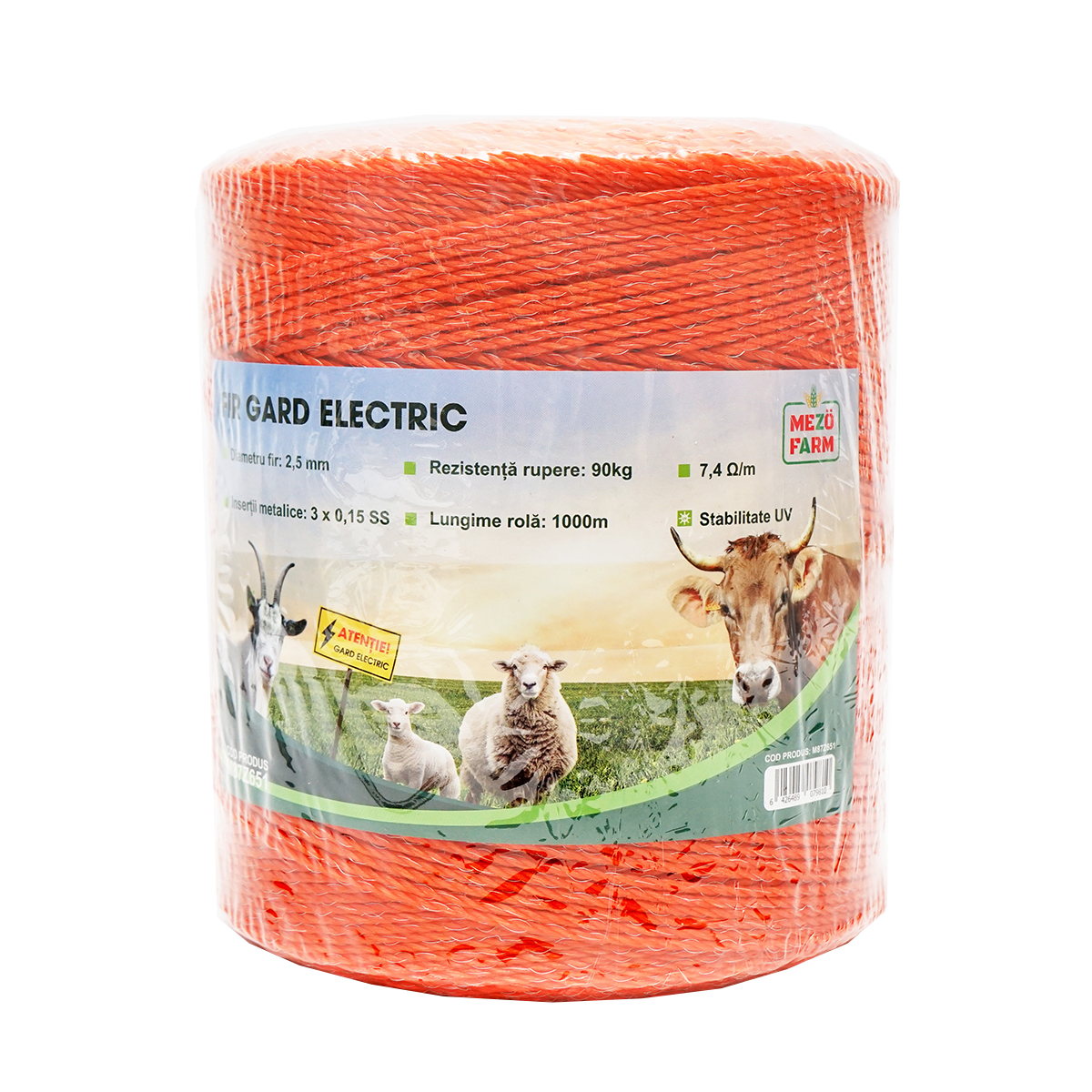 Rola fir portocaliu fi 2.5mm insertie metalica 3x0.15mm SS, rezistenta 7.4 Ohm/m, 1000m gard electric Mezofarm - imagine 3