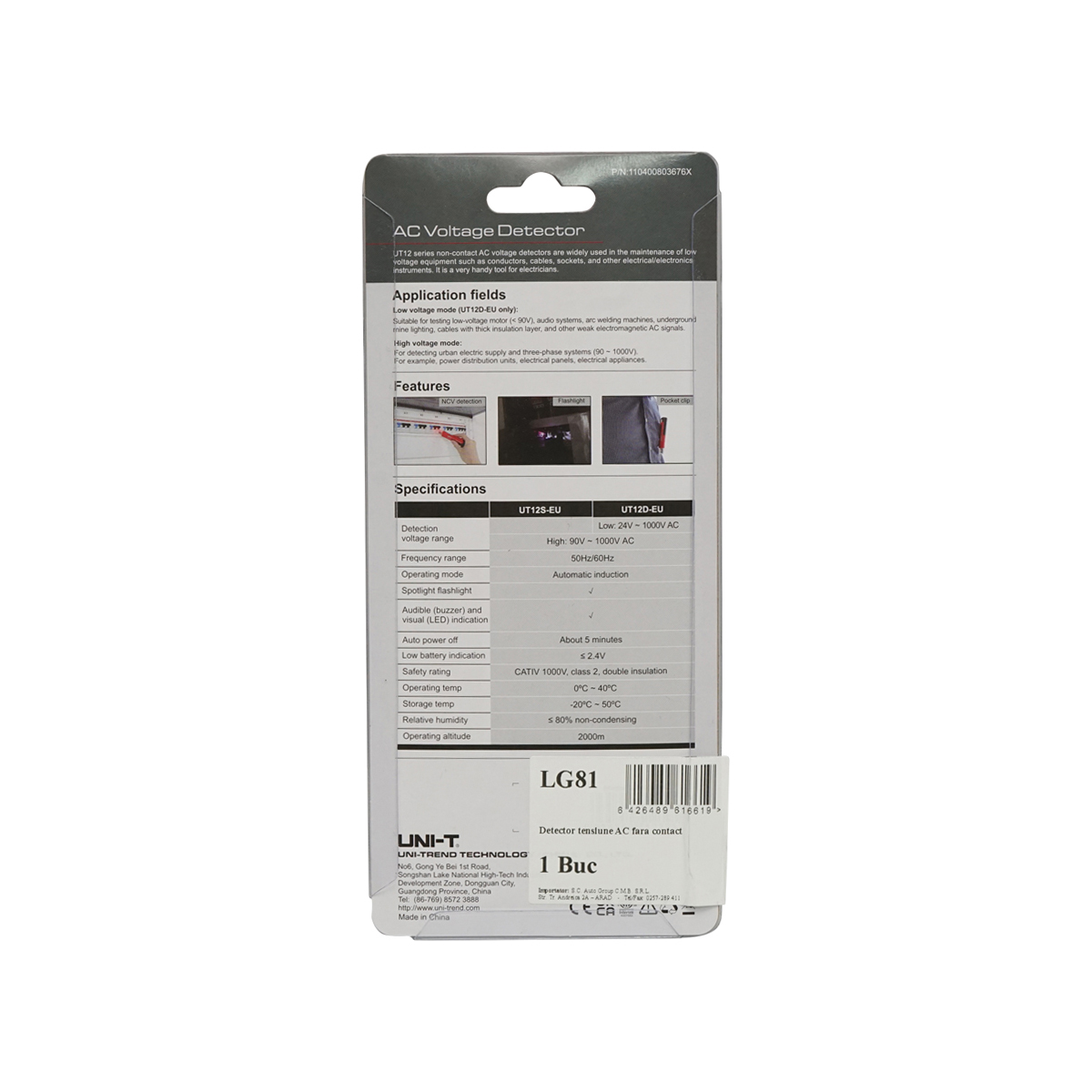 Tester, detector tensiune AC 90-1000V fara contact UT12D-EU UNI-T - imagine 3