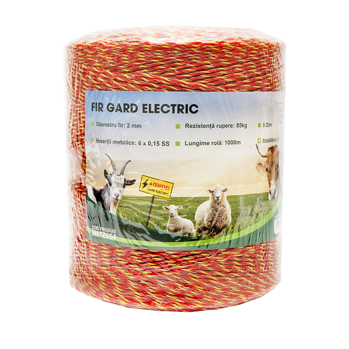 Rola fir galben-rosu fi 2mm insertie metalica 6x0.15mm SS, rezistenta 8 Ohm/m, 1000m gard electric Mezofarm - imagine 2