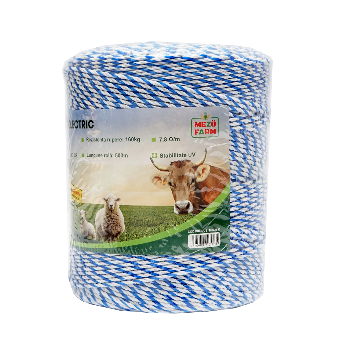 Rola fir alb-albastru 3mm insertie metalica 3x0.2mm SS, rezistenta 7.8 Ohm/m, 500m gard electric Mezofarm - imagine 3