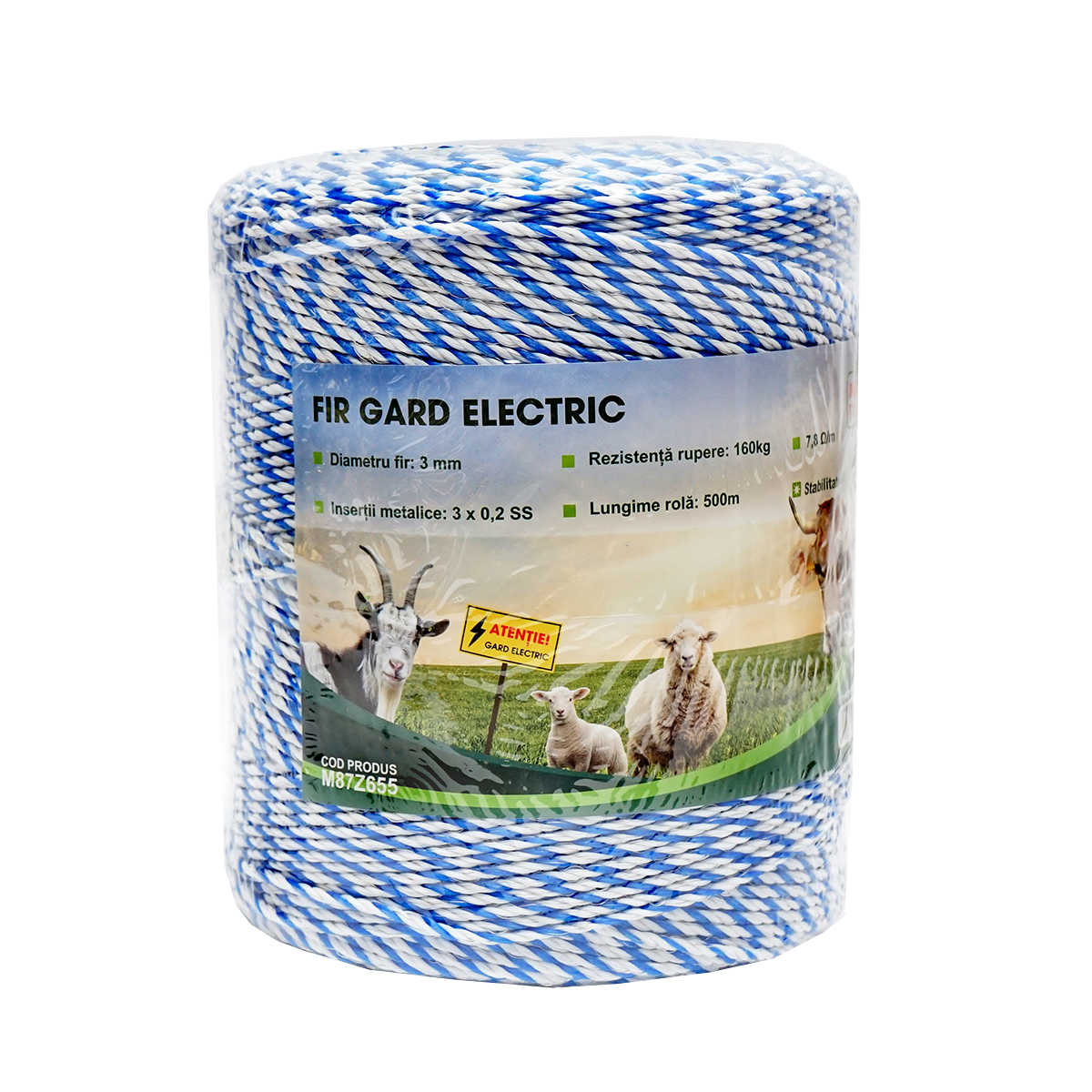 Rola fir alb-albastru 3mm insertie metalica 3x0.2mm SS, rezistenta 7.8 Ohm/m, 500m gard electric Mezofarm - imagine 2