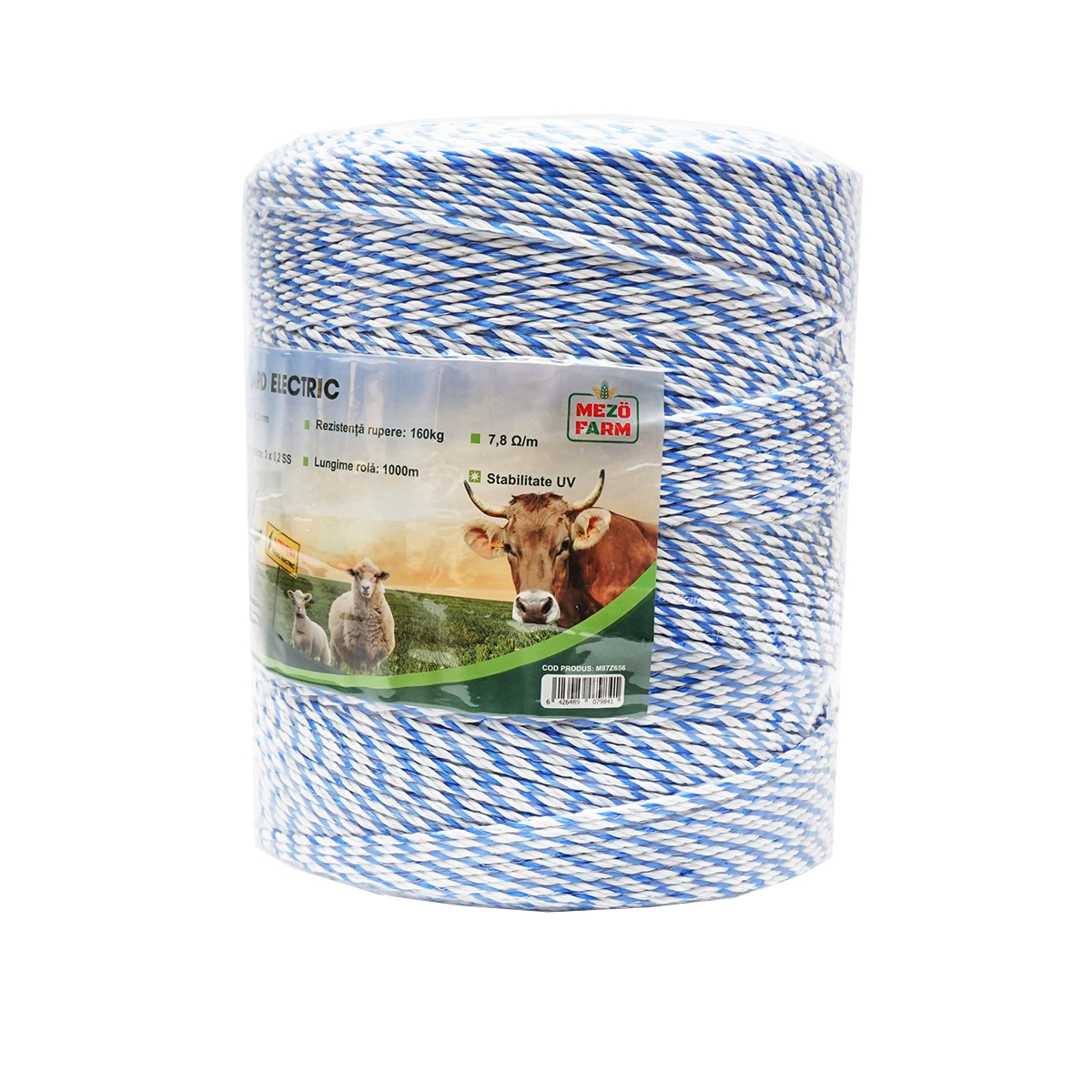 Rola fir alb-albastru 3mm insertie metalica 3x0.2mm SS, rezistenta 7.8 Ohm/m, 1000m gard electric Mezofarm - imagine 3