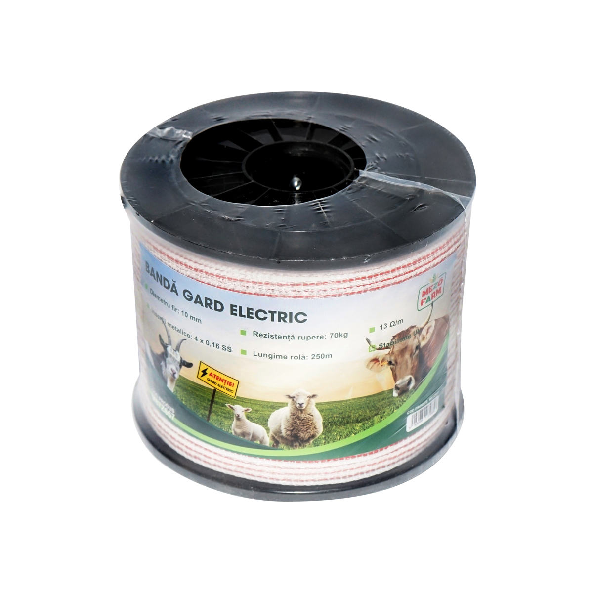 Rola banda rosu-alb 10mm insertie metalica 4x0.16mm SS, rezistenta 13 Ohm/m, 250m gard electric Mezofarm - imagine 3