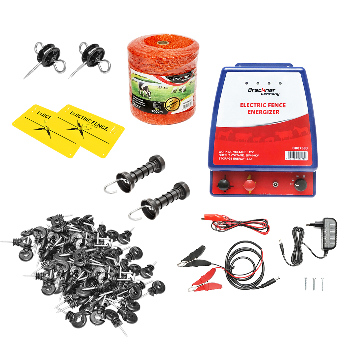 Kit complet gard electric 12/220V, 3,5 Joule lungime fir 1000m, 100 izolatori Breckner Germany