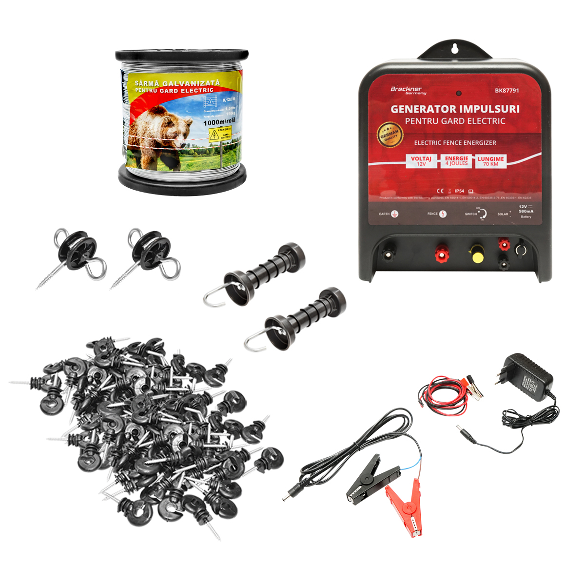 Kit complet gard electric 12/220V, 4.5 Joule lungime sarma 1000m, 100 izolatori Britmann
