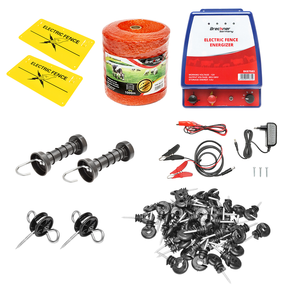 Kit complet gard electric 12/220V, 4.8 Joule lungime fir 1000m, 100 izolatori si placute avertizare Breckner Germany