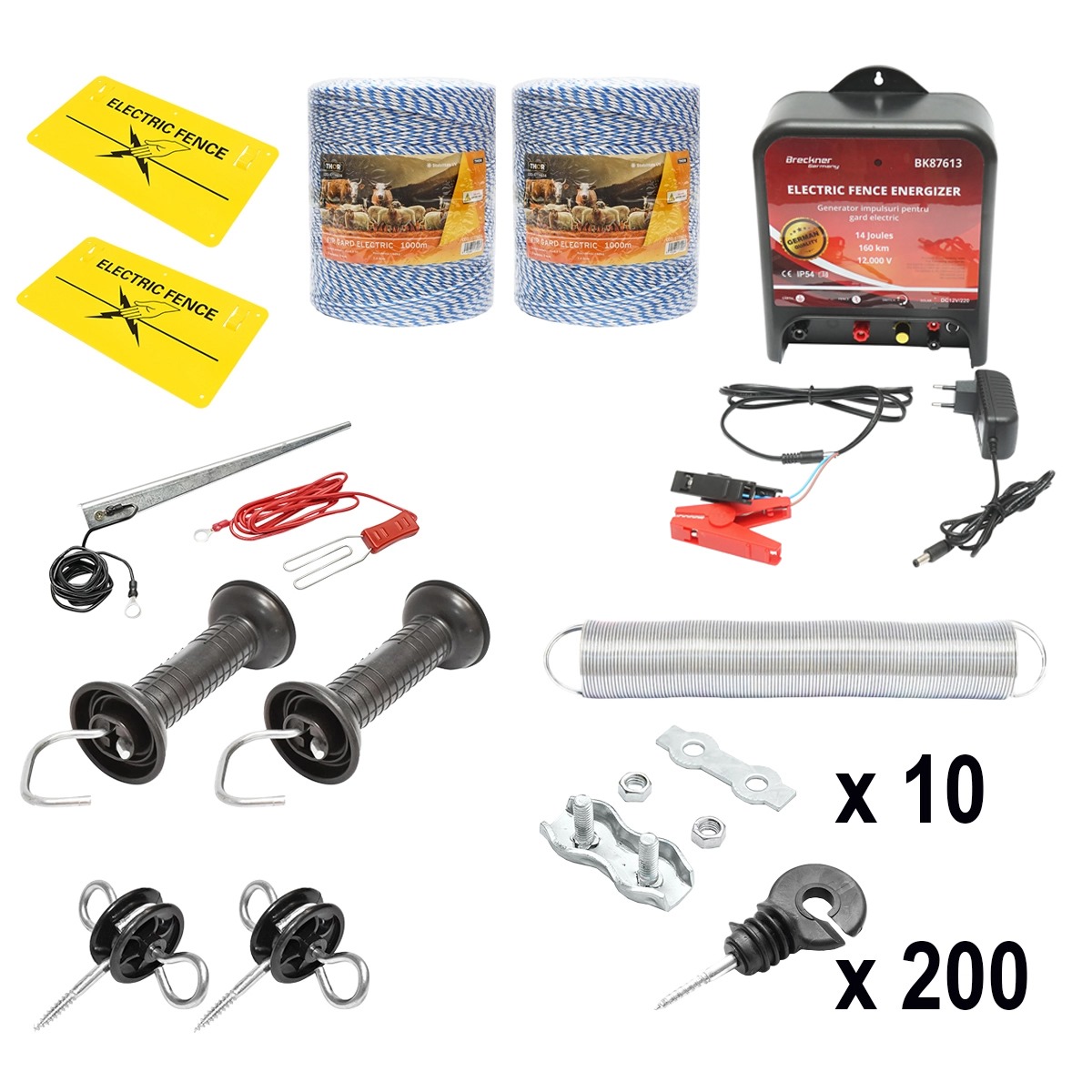 Kit complet gard electric 12/220V, 14 Joule lungime fir 2000m, 200 izolatori si placute avertizare Breckner Germany