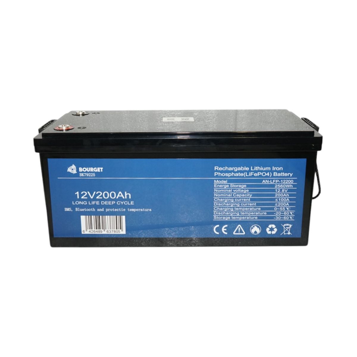 Baterie Li-ion LiFePO4 12.8V, 200Ah (deep cycle) cu BMS, Bluetooth si protectie temperatura IP54 Bourget