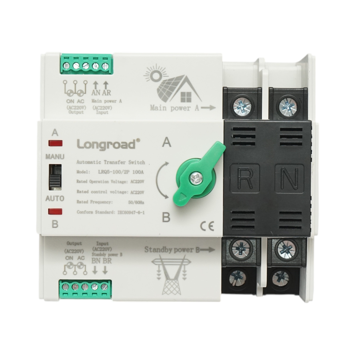 Comutator ATS 220V monofazat, separator automat de la panouri fotovoltaice la generator ATS-2P-63A Suntree
