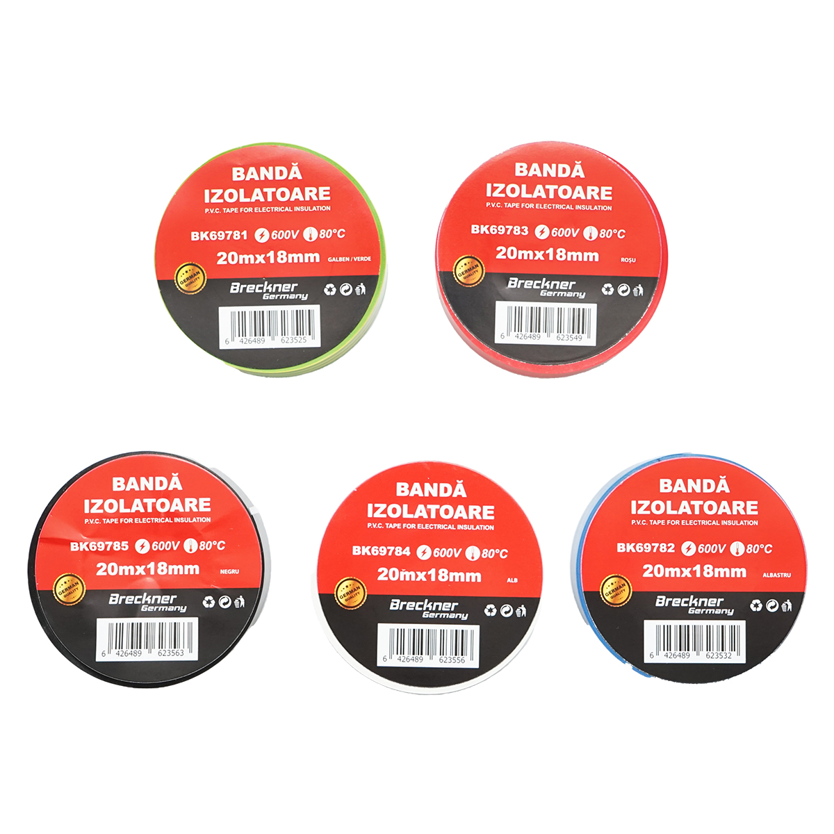 Set 5 benzi izolatoare multicolor 18mmx20m PVC Breckner Germany - imagine 5