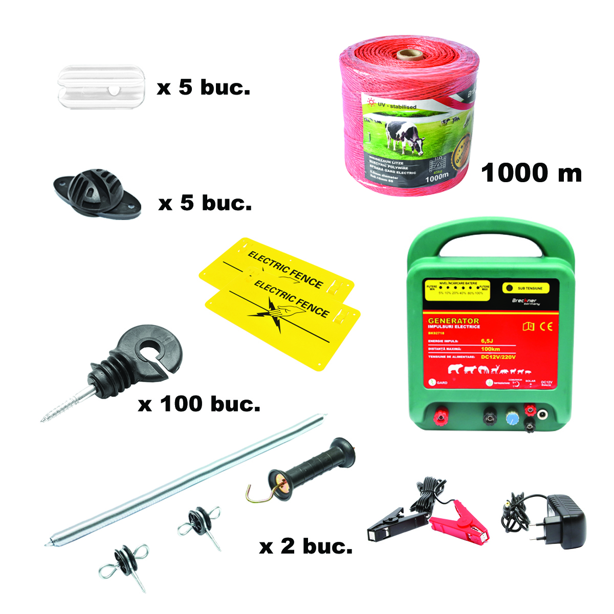 Kit complet gard electric 12/220V, 6.5 Joule, lungime fir 1000m, 100 izolatori, maner, poarta si 2 placute avertizare Breckner Germany