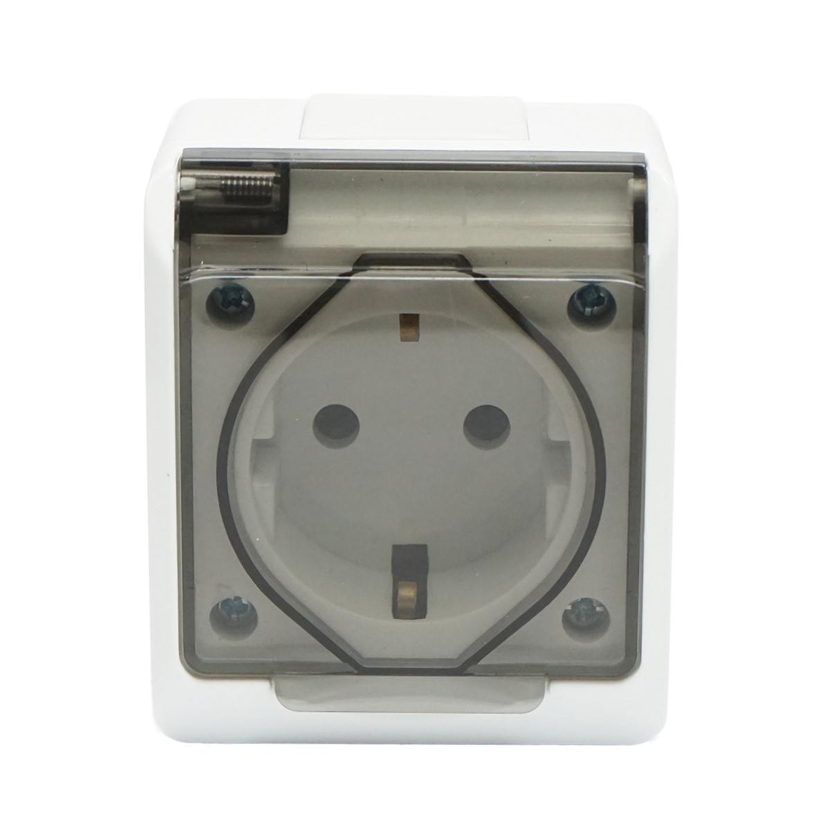 Priza simpla aplicata PT 16A, 250V contact de protectie si capac transparent IP44 Breckner Germany