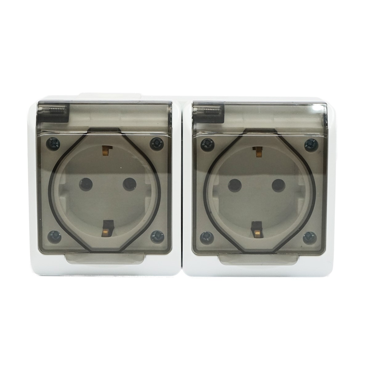 Priza dubla aplicata PT 16A, 250V contact de protectie si capac transparent IP44 Breckner Germany