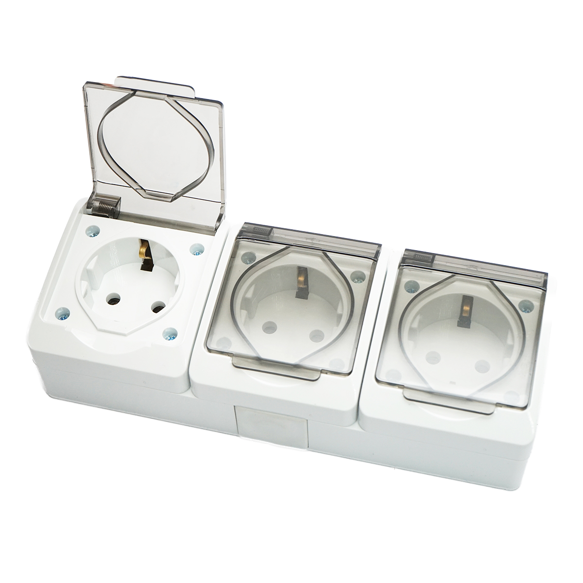 Priza tripla aplicata PT 16A, 250V contact de protectie si capac transparent IP44 Breckner Germany - imagine 3