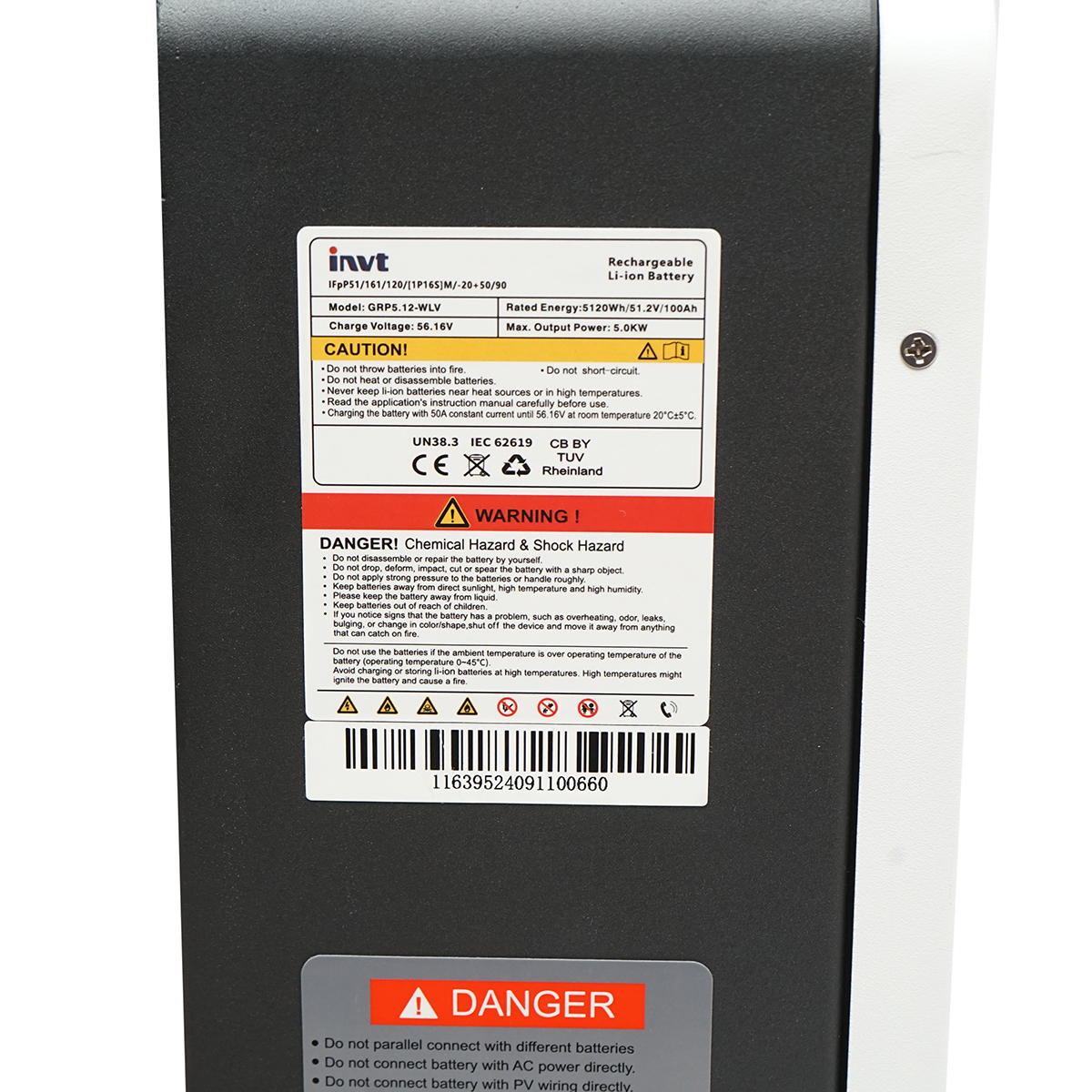 Baterie stocare Li-ion 5.12kW LiFePO4 51.2V, 100Ah pentru sisteme solare 520x470x141.5mm IP67 INVT - imagine 4