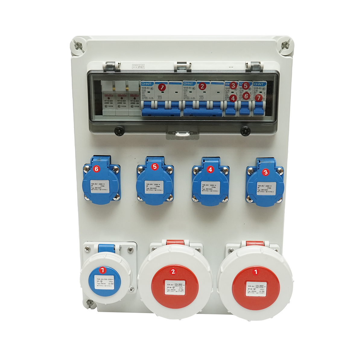 Tablou grup prize organizare santier 4x230V/16A, 2x400V/32A, 1x250V/16A, 12 module 400x300x186mm IP44/IP67 SUNTREE