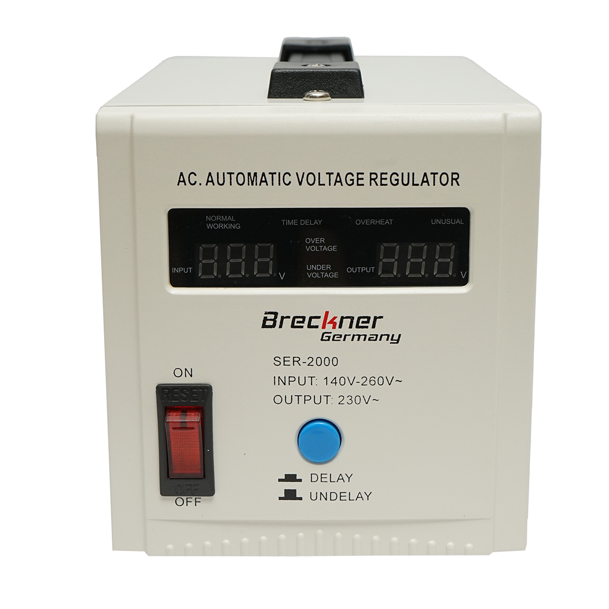 Stabilizator automat de tensiune monofazic cu releu 2000VA, 140-260V, 2 prize schuko 230V, afisaj LCD Breckner Germany - imagine 4
