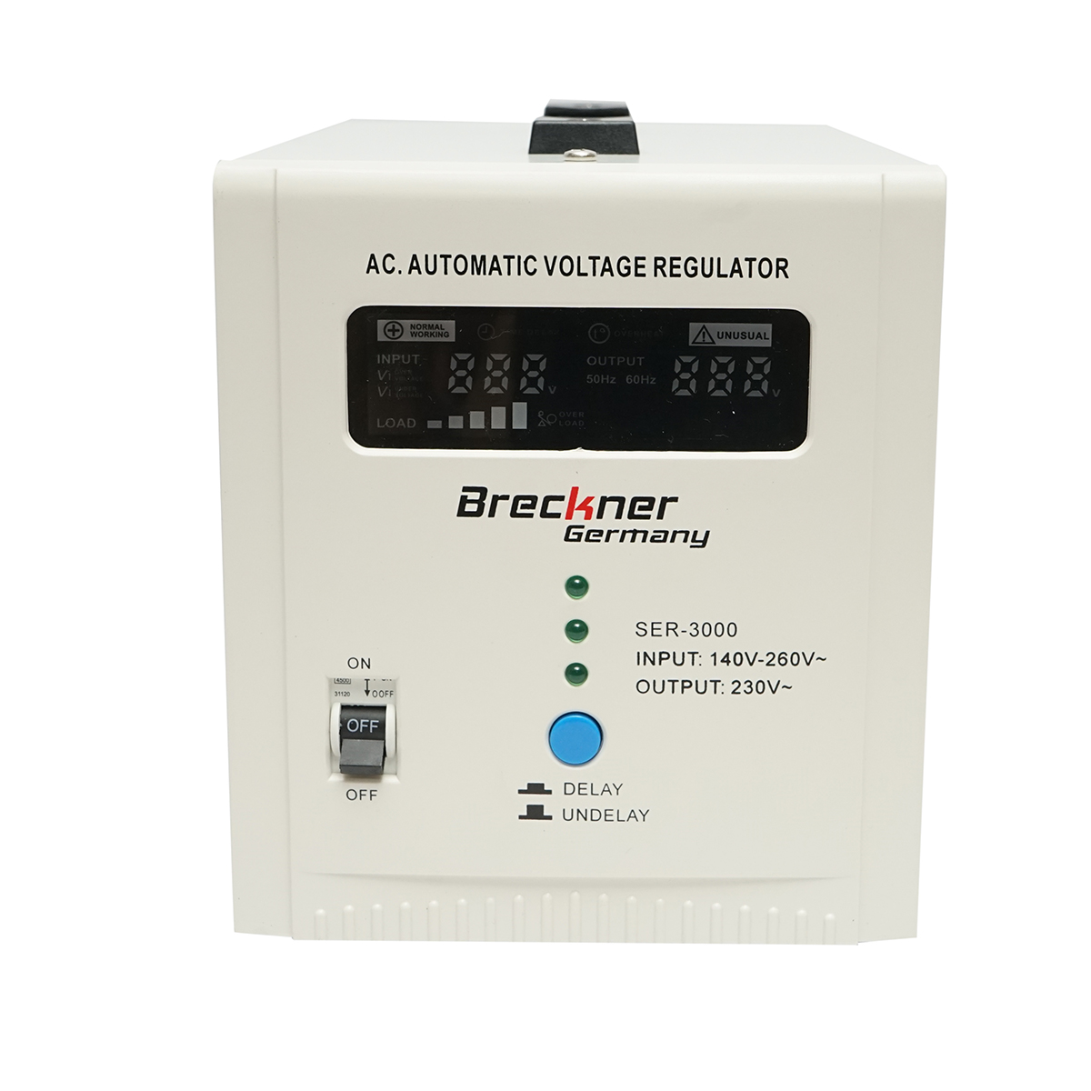 Stabilizator automat de tensiune 3000VA, 140-260V cu releu monofazat, 2 prize schuko 230V, afisaj LCD Breckner Germany