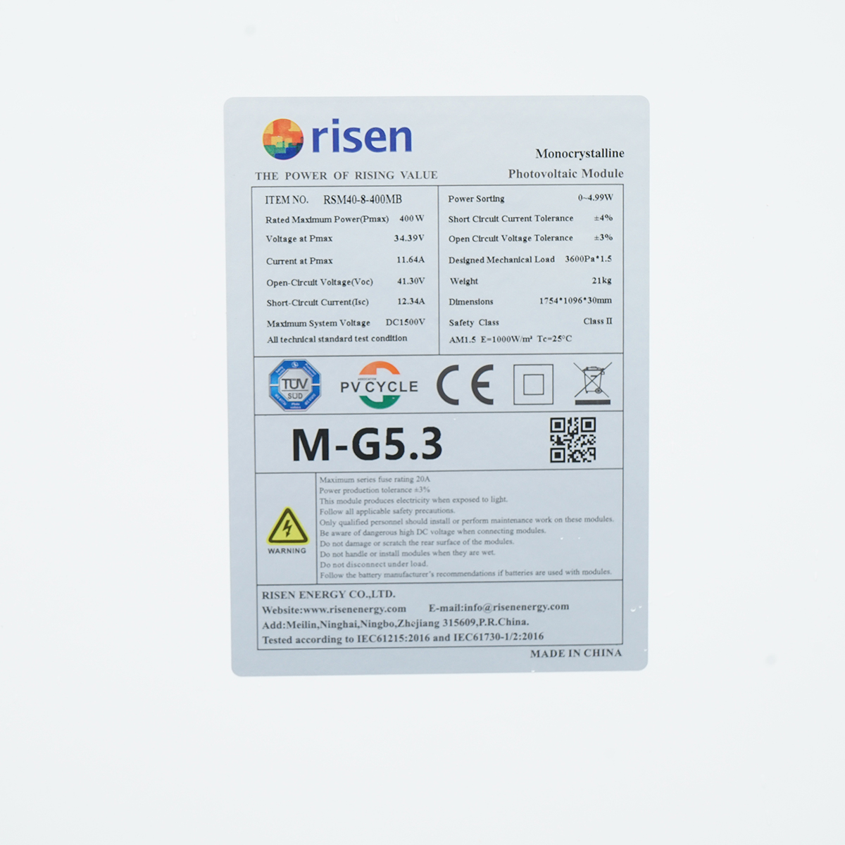 Panou solar fotovoltaic 400W RISEN monocristalin 1754x1096x30mm - imagine 5