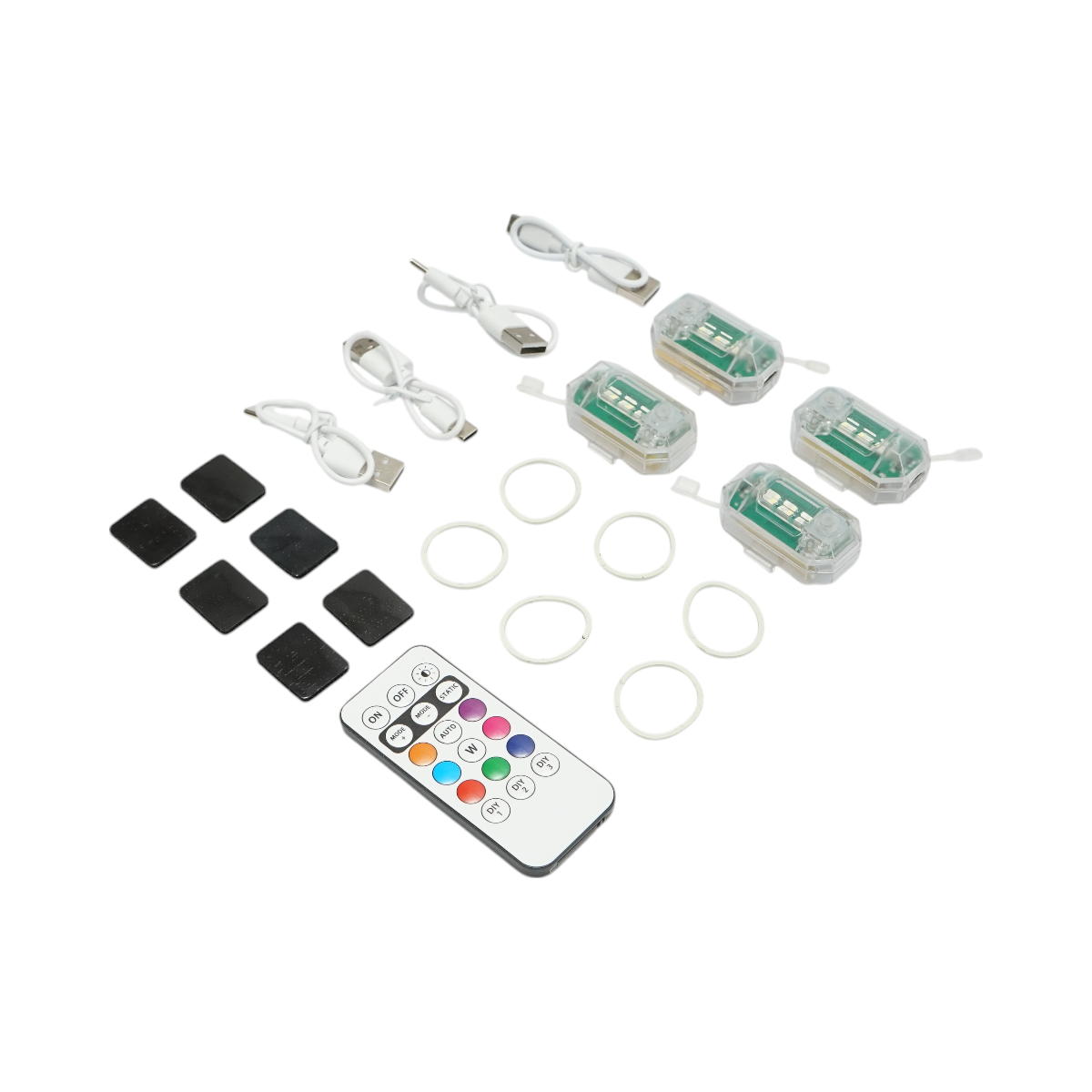 Set 4 lampi LED RGB stroboscopice cu telecomanda, 10 moduri, 8 culori, baterie litiu 150mAh reincarcabila USB-C IP65