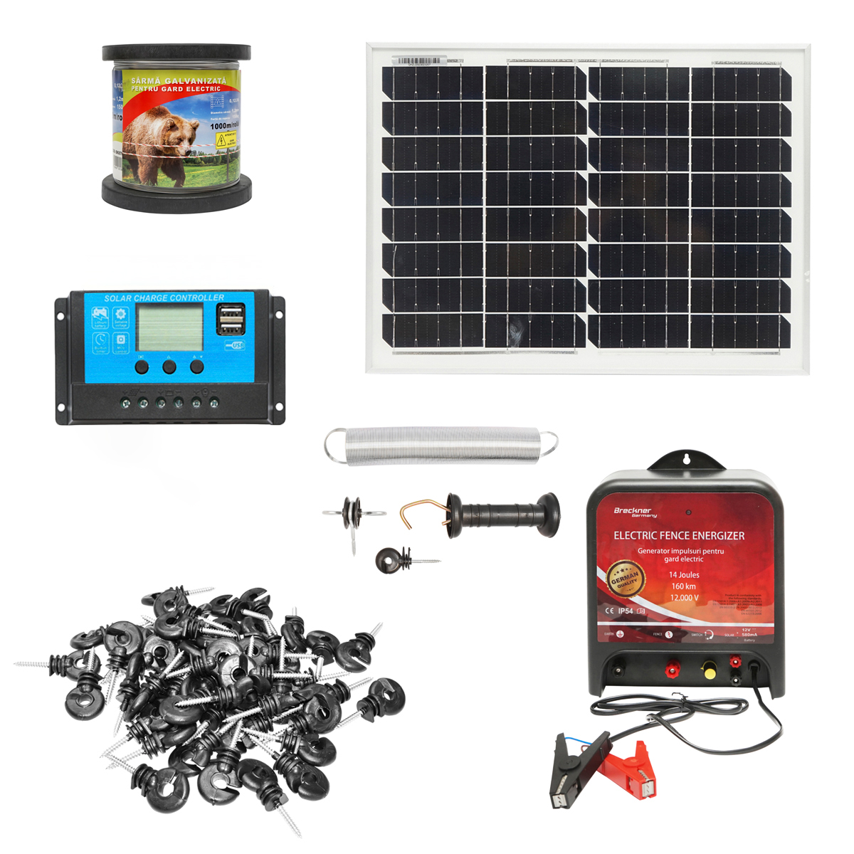 Kit complet gard electric 12V, 14 Joule sarma 1000m cu panou solar 20W si 100 izolatori Breckner Germany