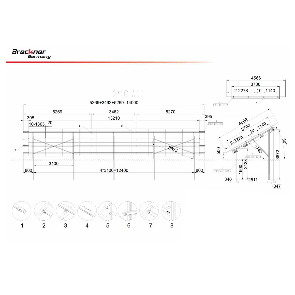 Sistem complet montare structura sol cu stalpi pentru 20-24 panouri solare fotovoltaice de 2278x1134x35mm, 2384x1096x35mm, 2384x1303x35mm, lungime 14m, 50cm garda sol, unghi 30 grade - imagine 2