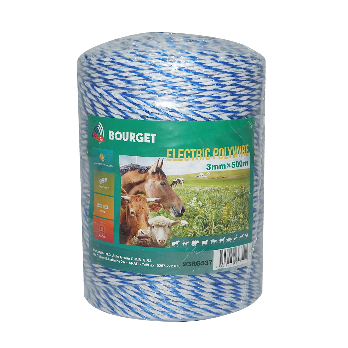 Rola fir alb-albastru fi 3mm 3x0.2mm SS, 500m gard electric, rezistenta 7.8 Ohm Bourget