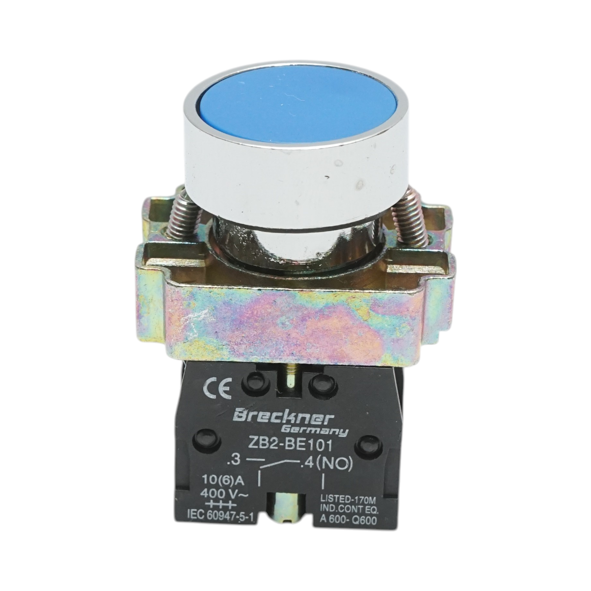 Buton comanda metalic albastru cu revenire 1NO, 400V/10A, LAY5 Breckner Germany