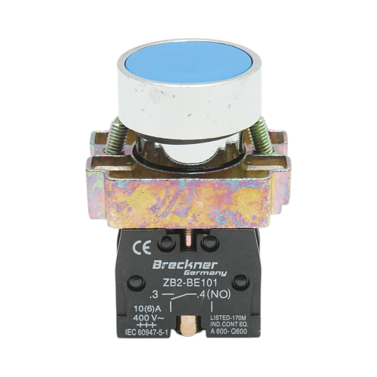 Buton comanda metalic albastru cu revenire 1NO+1NC, 400V/10A, LAY5 Breckner Germany