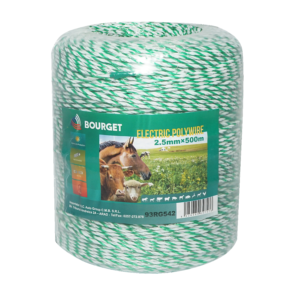 Rola fir alb-verde fi 2.5mm 4x0.2mm SS, 500m gard electric, rezistenta 7 Ohm Bourget