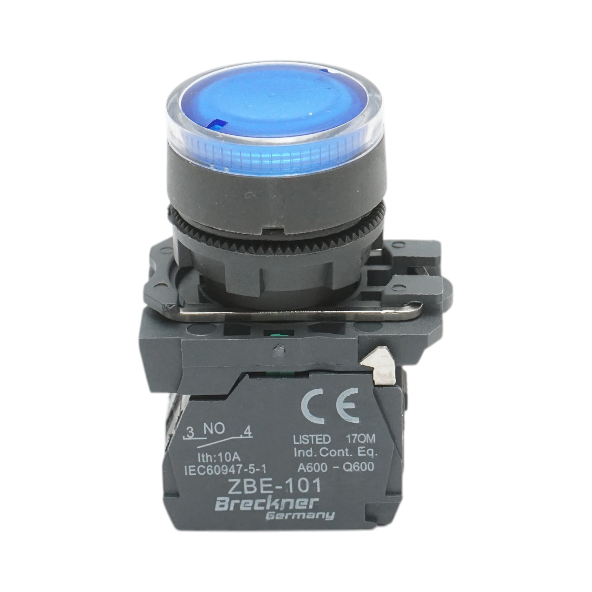 Buton comanda cu revenire si semnalizare LED albastru 1NO+1NC, 220V/10A, TB5 Breckner Germany