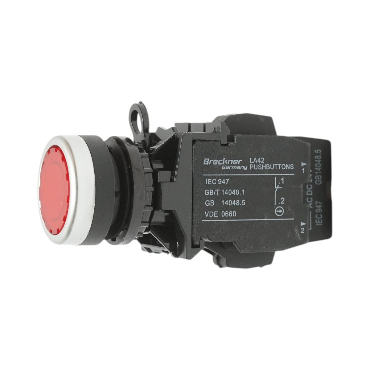Buton comanda iluminat LED 24V AC/DC rosu cu revenire 1NO+1NC, 10A/600V AC, 1A/250V DC LA42 Breckner Germany - imagine 4