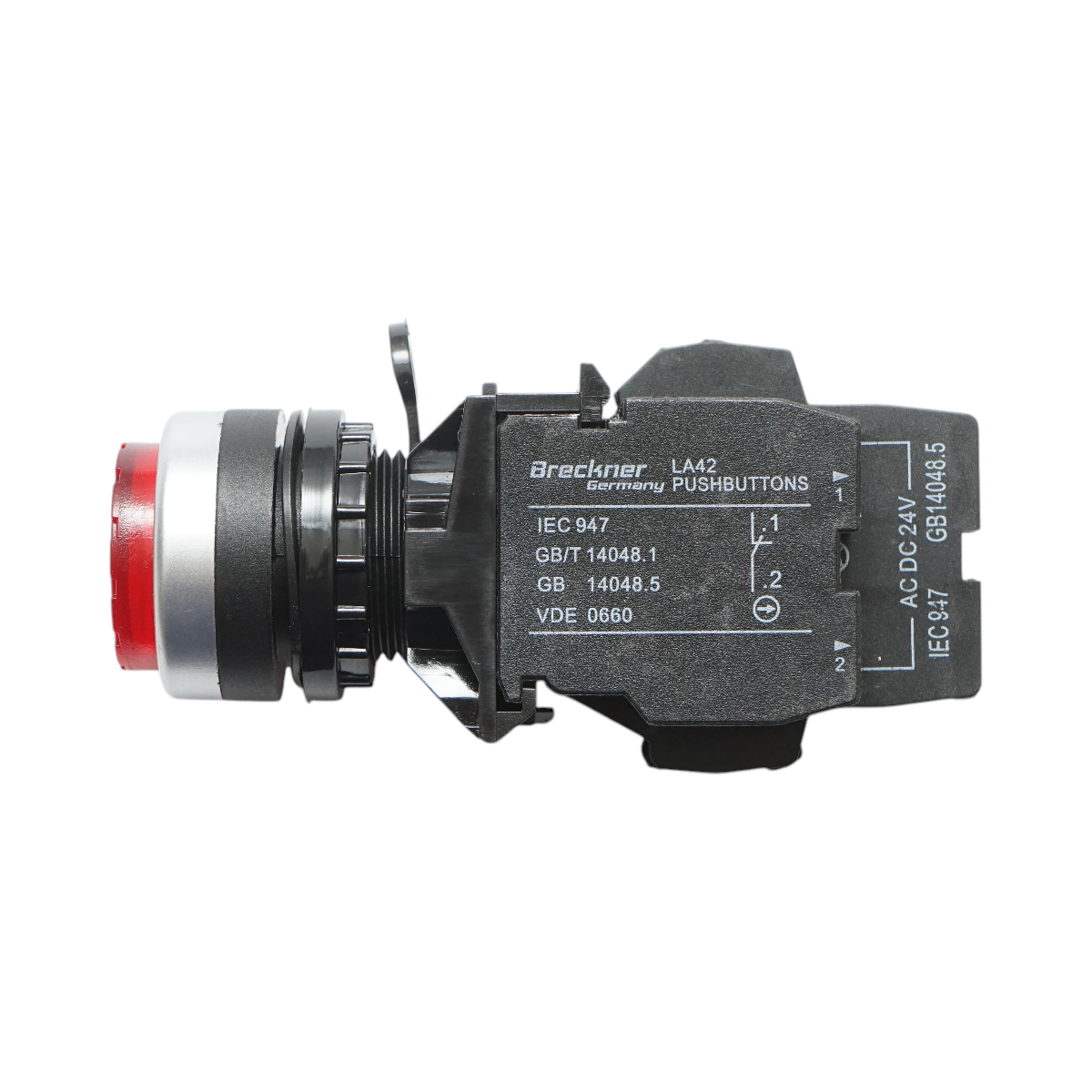 Buton comanda iluminat convex LED 24V AC/DC rosu cu revenire 1NO+1NC, 10A/600V AC, 1A/250V DC LA42 Breckner Germany - imagine 4