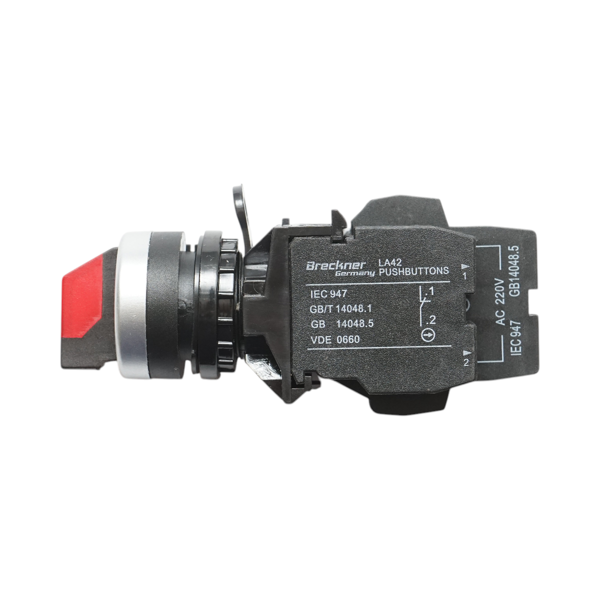 Buton selector iluminat 220V AC LED rosu cu 2 pozitii 1NO+1NC, 10A/600V AC, 1A/250V DC LA42 Breckner Germany - imagine 4
