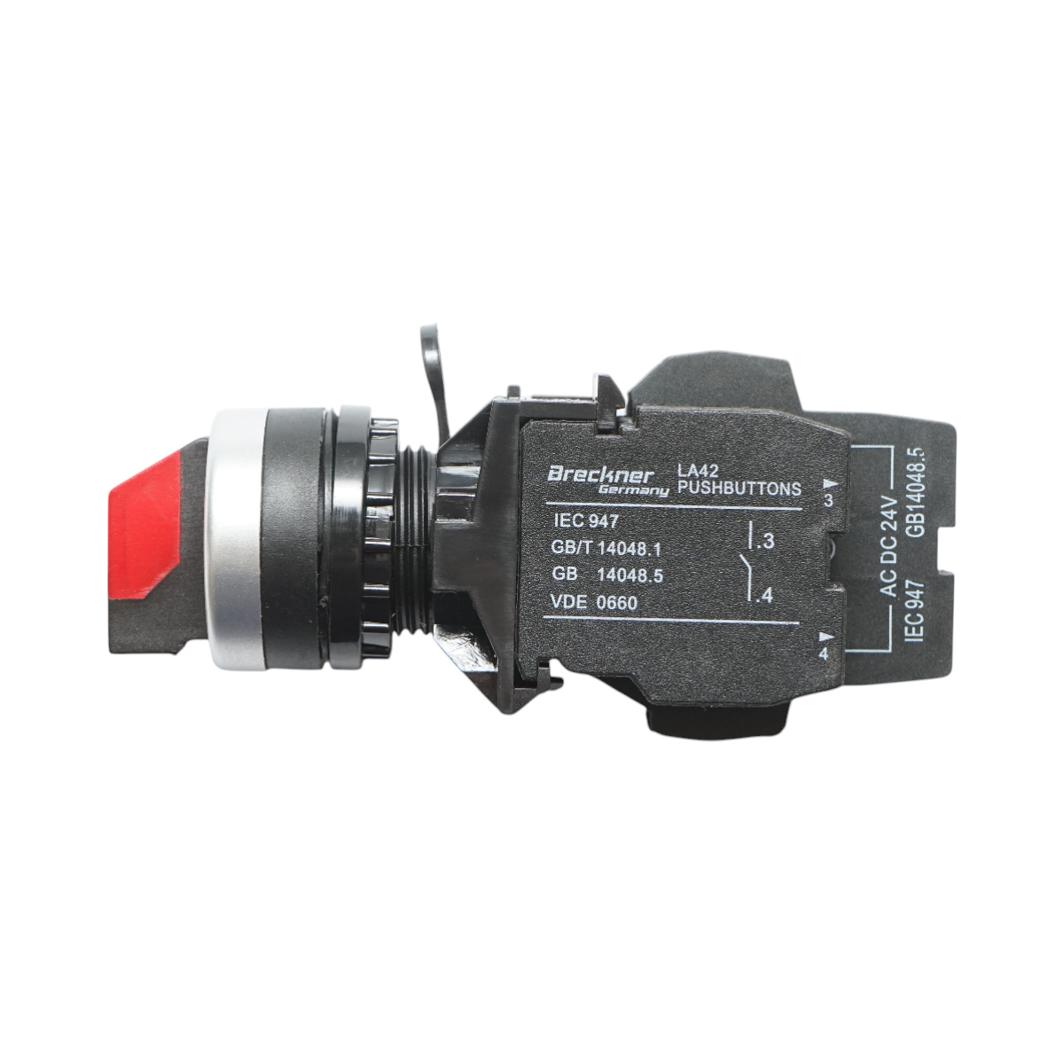 Buton selector iluminat 24V AC/DC LED rosu cu 3 pozitii 2NO, 10A/600V AC, 1A/250V DC LA42 Breckner Germany - imagine 4