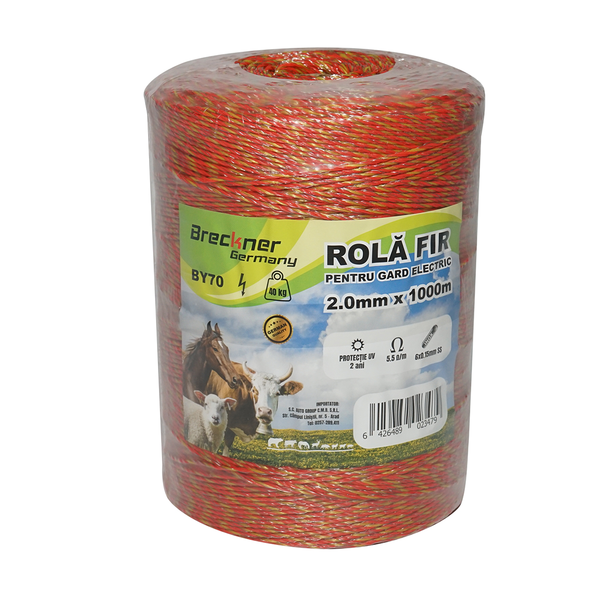 Rola fir galben-rosu fi 2mm, 6x0.15mm SS inox, 5.5 Ohm/m 1000m gard electric Breckner Germany