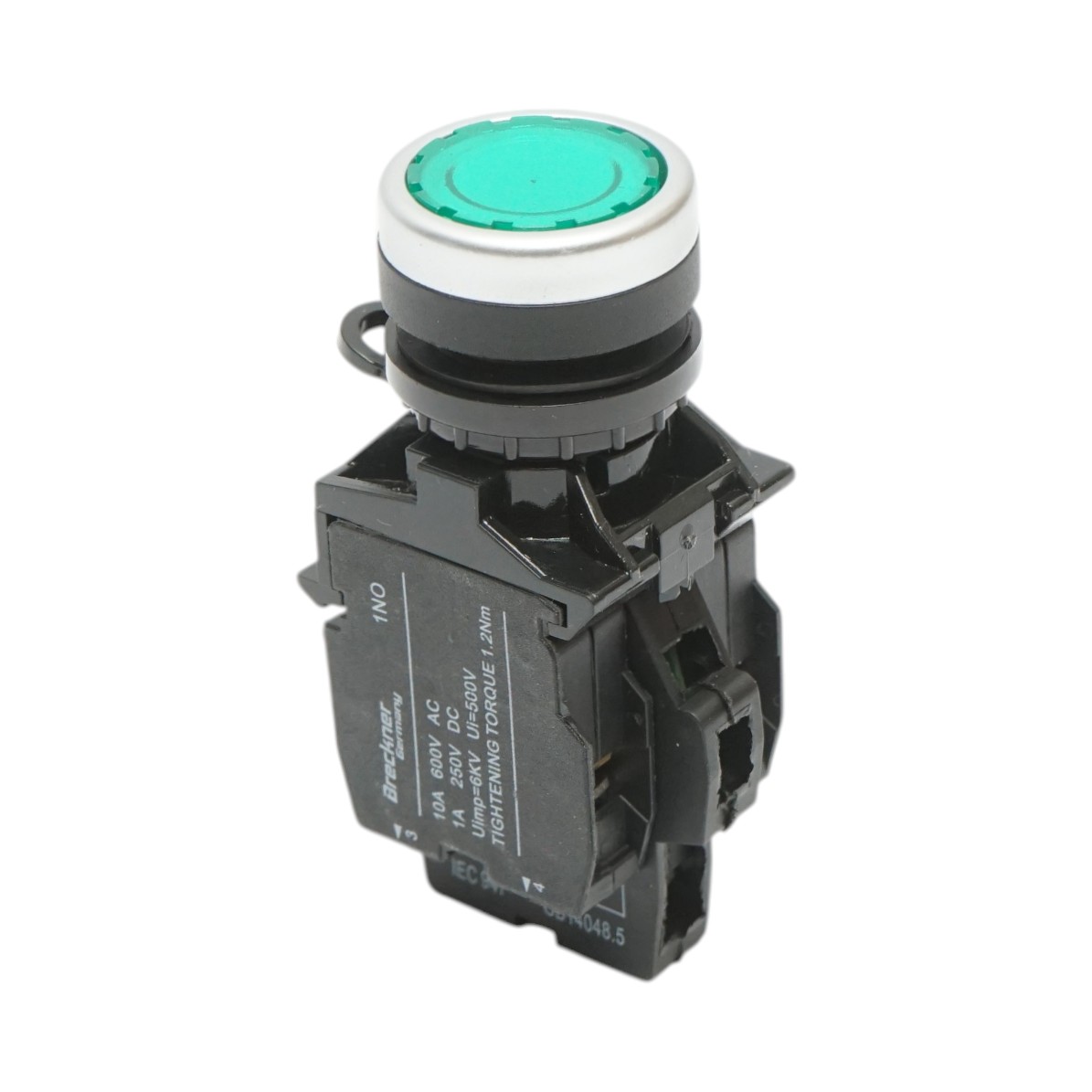 Buton comanda iluminat LED 24V AC/DC verde cu revenire 1NO+1NC, 10A/600V AC, 1A/250V DC LA42 Breckner Germany