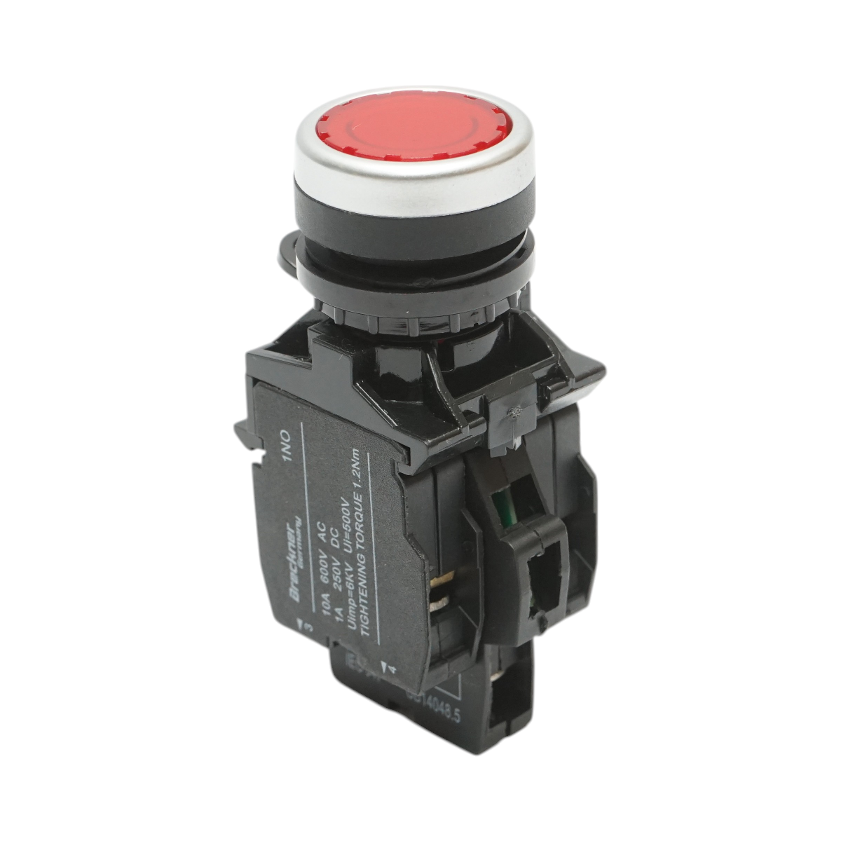 Buton comanda iluminat LED 220V AC rosu cu revenire 1NO+1NC, 10A/600V AC, 1A/250V DC LA42 Breckner Germany