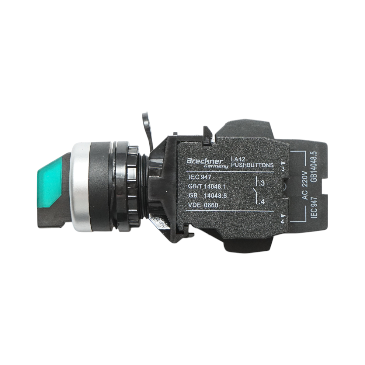 Buton selector iluminat 220V AC LED verde cu 3 pozitii 2NO, 10A/600V AC, 1A/250V DC LA42 Breckner Germany - imagine 4