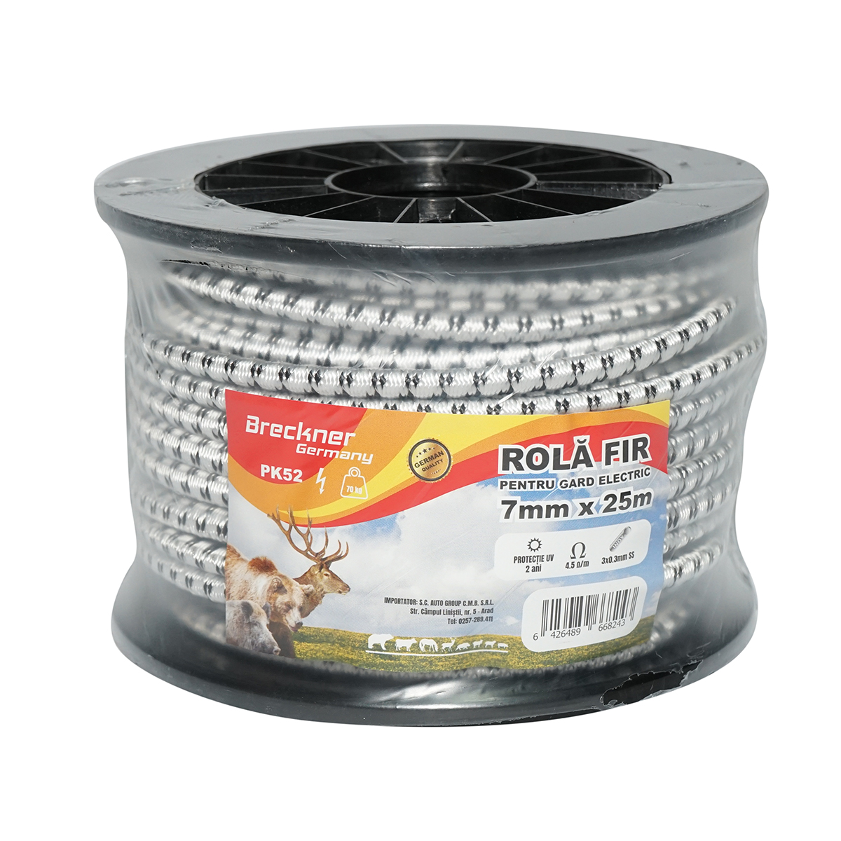 Rola fir elastic alb-negru fi 7mm, 3x0.3mm SS inox, 4.5 Ohm/m 25m gard electric Breckner Germany