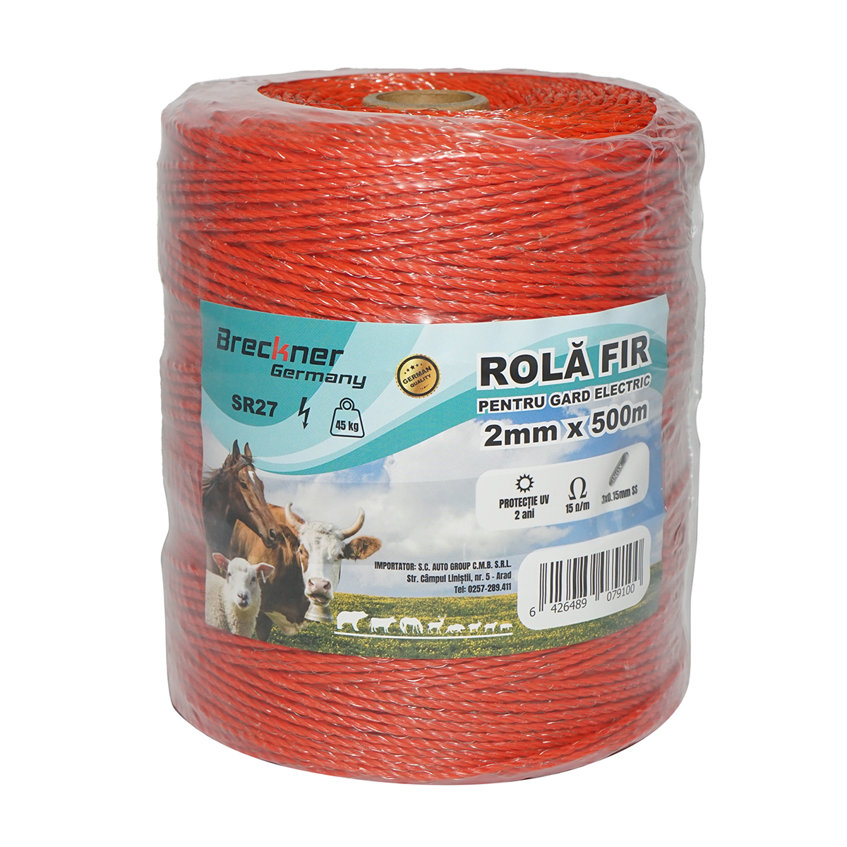 Rola fir portocaliu fi 2mm, 3x0.15mm SS inox, 15 Ohm/m 500m gard electric Breckner Germany