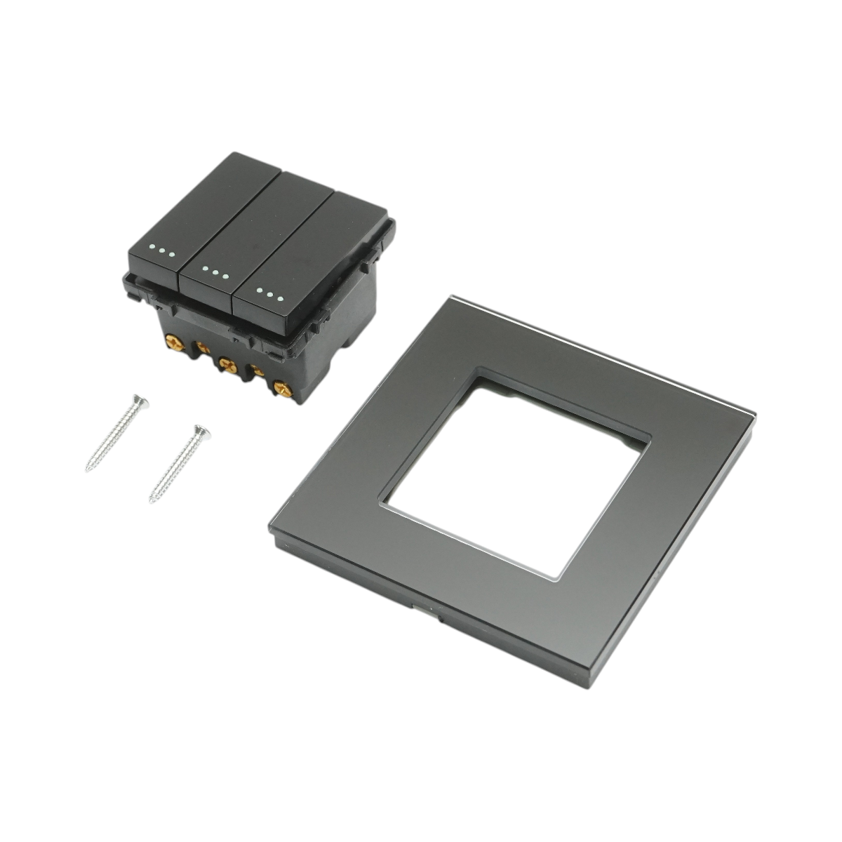 Intrerupator triplu cap scara negru incastrat 220V, 16AX, indicator luminos, rama sticla 86x86x34mm - imagine 5