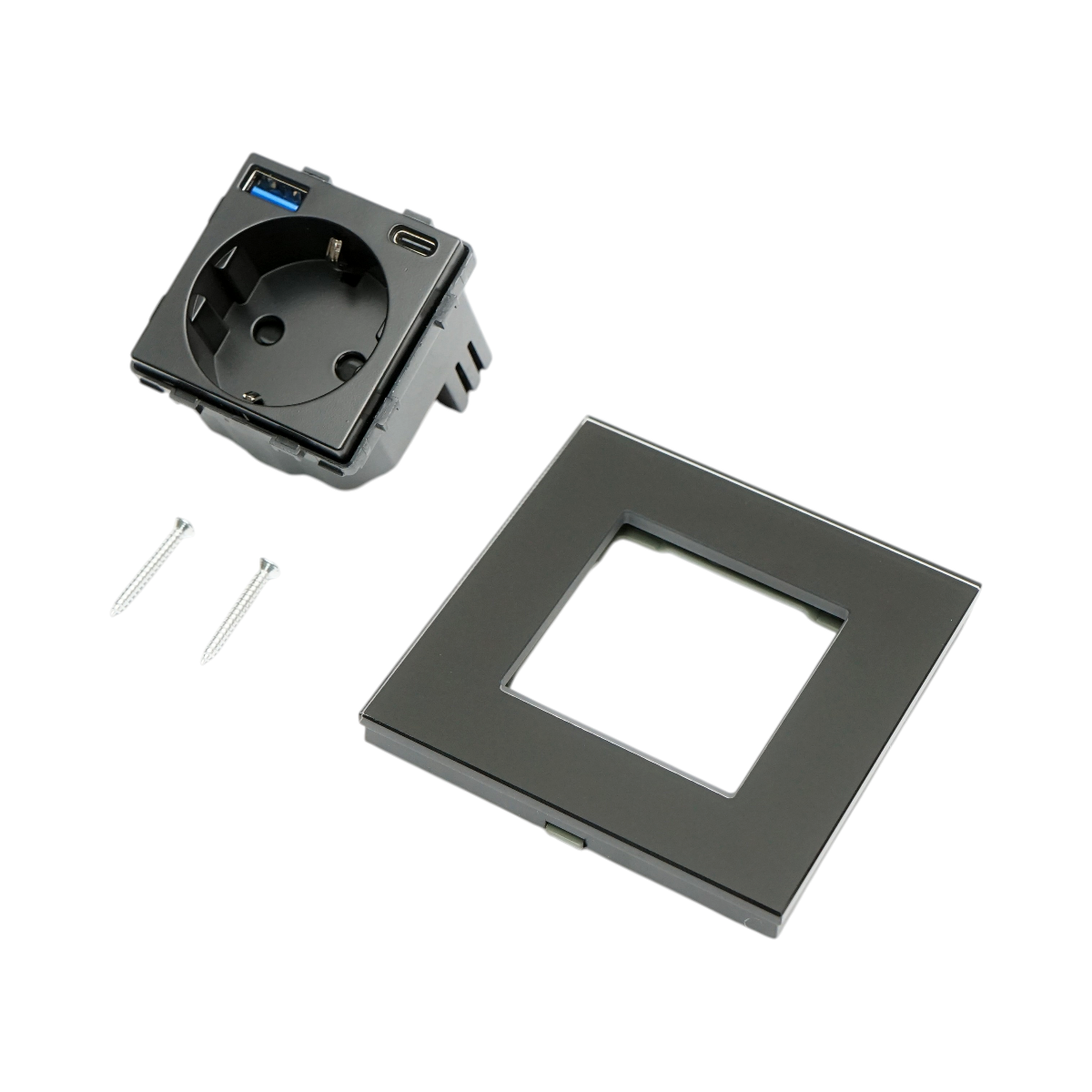 Priza schuko neagra 220V, 16A, 2xUSB A+C 20W incarcare rapida, rama sticla 86x86x34mm - imagine 5