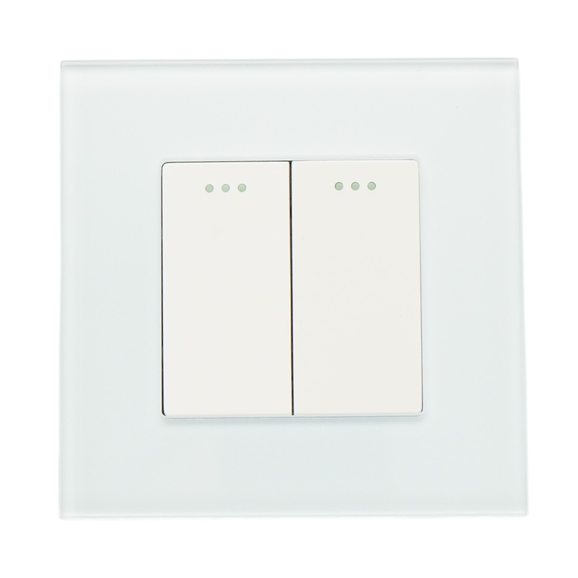 Intrerupator dublu cap scara alb incastrat 220V, 16AX, indicator luminos, rama sticla 86x86x34mm - imagine 2