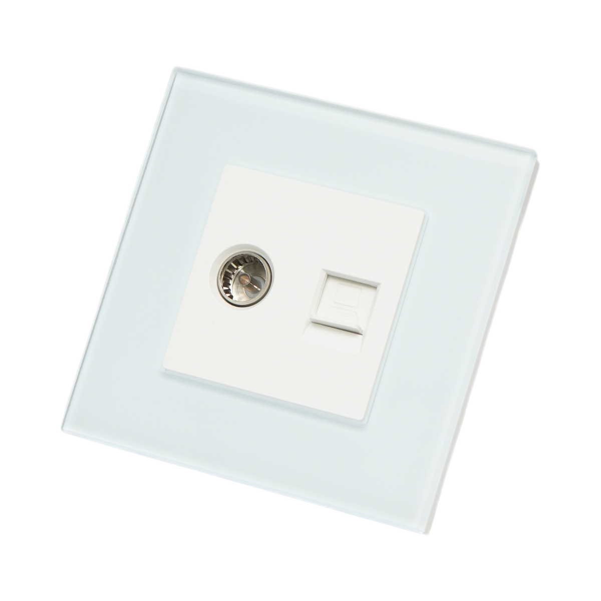 Priza TV + internet CAT5 RJ45, rama sticla alba 86x86mm